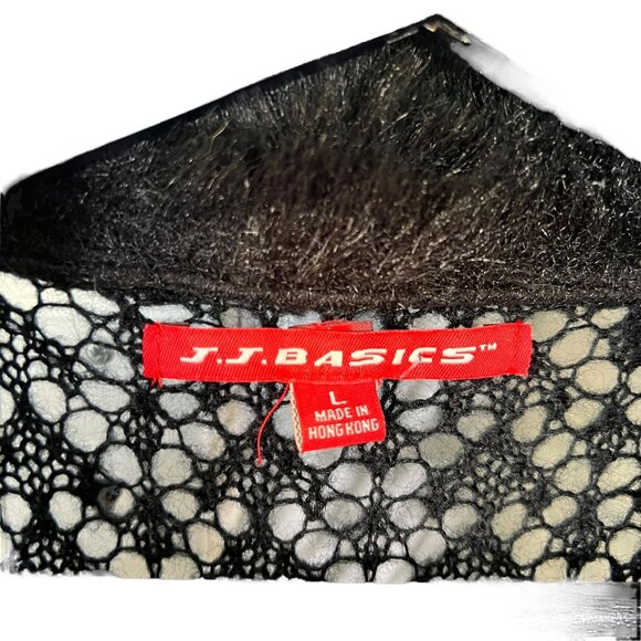 Vintage 90s Black Crochet Faux Fur Trim Ramie Mohair Blend Button Up Cardigan La - Picture 4 of 8